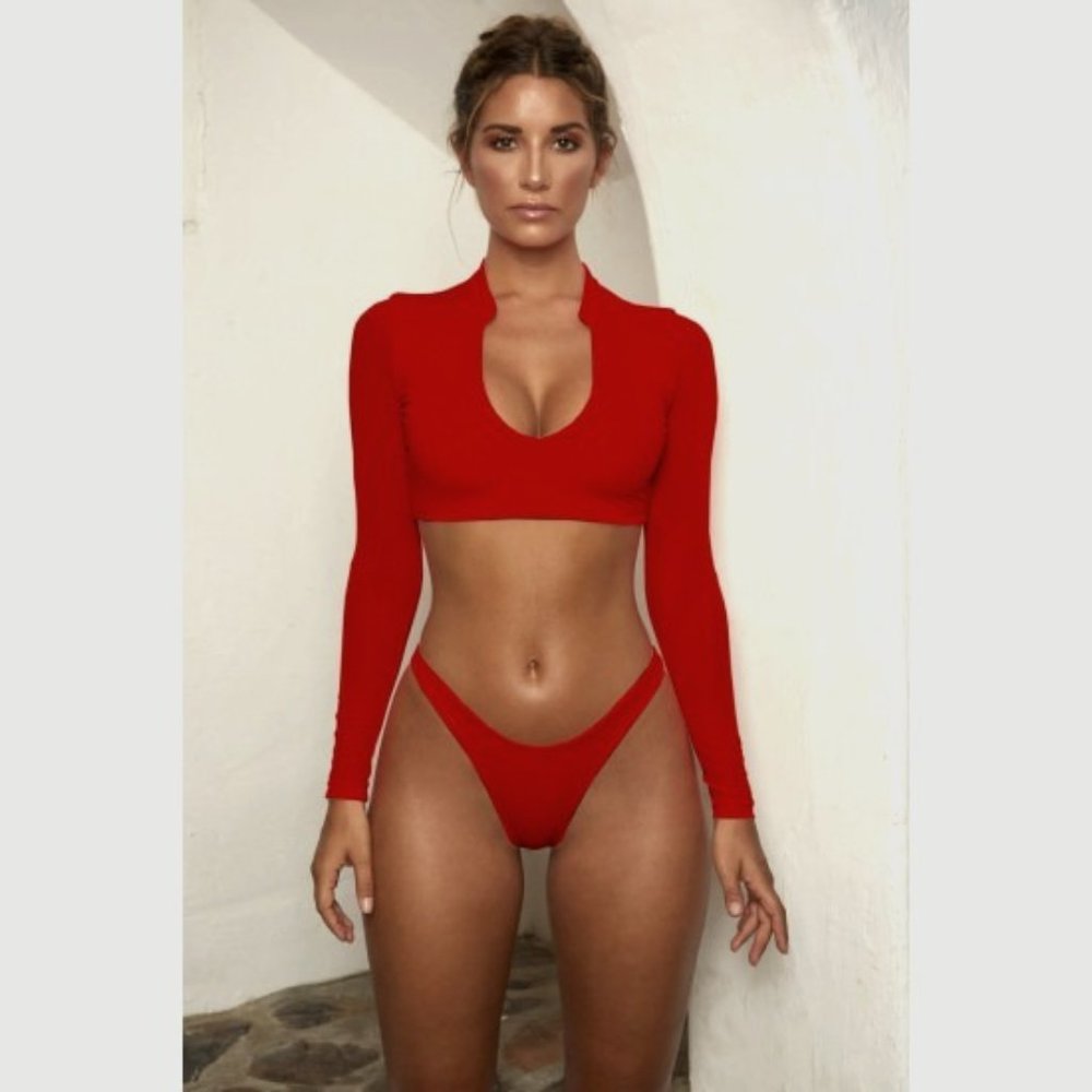 Long-sleeved mesh bikini two-piece swimsuit